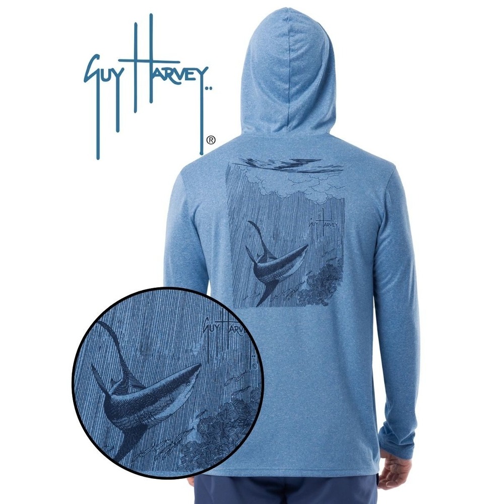 Guy Harvey‎ Men's Shark Sketch Long Sleeve Performance Hoodie, Blue Shark Sz Sm